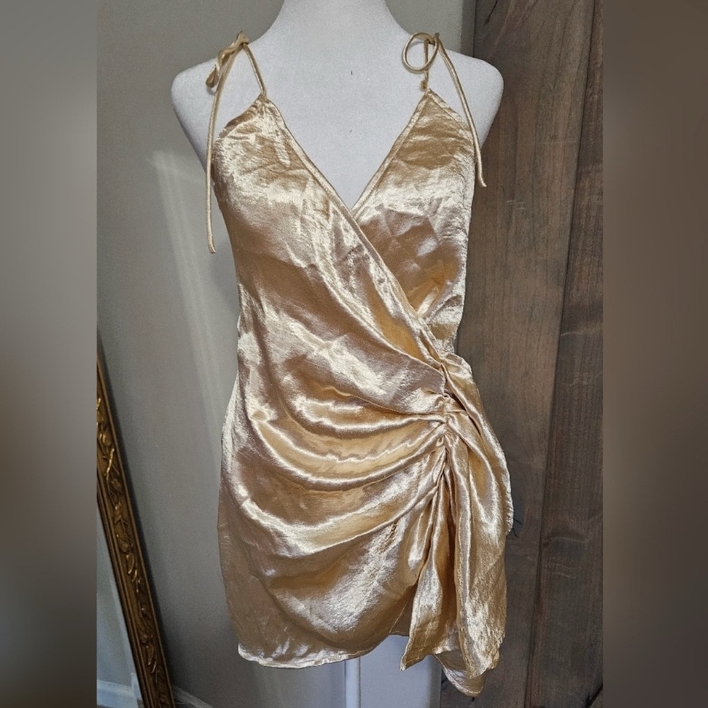 Superdown Lennie wrap dress, Gold Satin Mini Dress, Size M